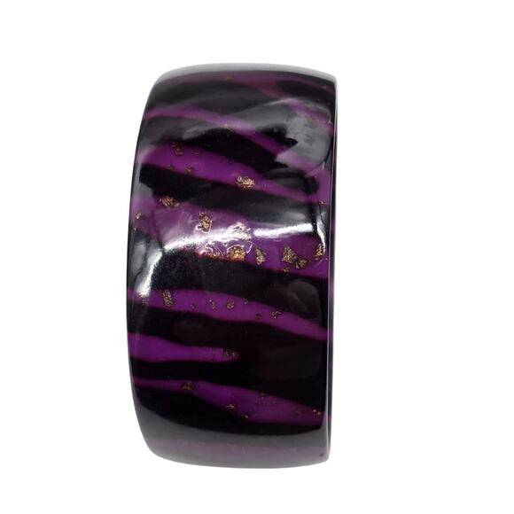 Zebra Striped Wide Acrylic‎ Bangle Bracelet Purple & Black Gold Accents - Picture 5 of 6